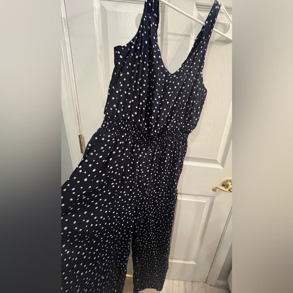 NWT Loft Navy Blue Polka Dot Smocked Wide Legs Jumpsuit with Pockets Size 2 - Picture 7 of 15